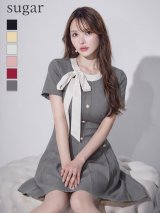 XS-Lサイズあり 【GINZA COUTURE/銀座クチュール】バイカラー/ リボン/ 半袖/ 袖あり/ プリーツ/ フレア/ Aライン/ ワンピース/ ミニドレス/ キャバドレス[OF2]