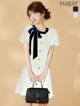 XS-Lサイズあり 【GINZA COUTURE/銀座クチュール】バイカラー/ リボン/ 半袖/ 袖あり/ プリーツ/ フレア/ Aライン/ ワンピース/ ミニドレス/ キャバドレス[OF2]