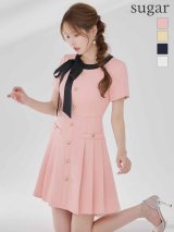 XS-Lサイズあり 【GINZA COUTURE/銀座クチュール】バイカラー/ リボン/ 半袖/ 袖あり/ プリーツ/ フレア/ Aライン/ ワンピース/ ミニドレス/ キャバドレス[OF2]