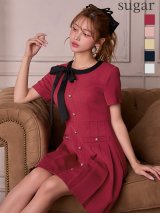 XS-Lサイズあり 【GINZA COUTURE/銀座クチュール】バイカラー/ リボン/ 半袖/ 袖あり/ プリーツ/ フレア/ Aライン/ ワンピース/ ミニドレス/ キャバドレス[OF2]