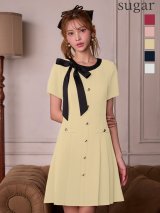 XS-Lサイズあり 【GINZA COUTURE/銀座クチュール】バイカラー/ リボン/ 半袖/ 袖あり/ プリーツ/ フレア/ Aライン/ ワンピース/ ミニドレス/ キャバドレス[OF2]