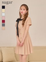 XS-Lサイズあり 【GINZA COUTURE/銀座クチュール】バイカラー/ リボン/ 半袖/ 袖あり/ プリーツ/ フレア/ Aライン/ ミニドレス/ キャバドレス[OF2]