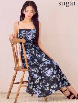 XS-Lサイズあり 【GINZA COUTURE/銀座クチュール】キャミソール/ サテン/ フラワープリント/ タックスカート/ Aライン/ ワンピース/ ミモレ丈/ ミディアムドレス/ キャバドレス[OF2]