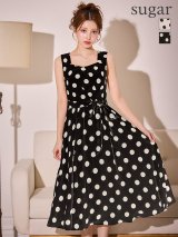 XS-Lサイズあり 【GINZA COUTURE/銀座クチュール】ドット/ サテンジャガード/ 花柄/ ノースリーブ/ リボンベルト/ Aライン/ フレア/ ワンピース/ ミディアムドレス/ キャバドレス[OF2]