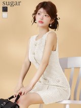 XS-Lサイズあり【GINZA COUTURE/銀座クチュール】ツイード/ スパンコール/ ボタン/ ノースリーブ/ Aライン/ 膝丈/ ワンピース/ ミディアムドレス/ キャバドレス[OF2]