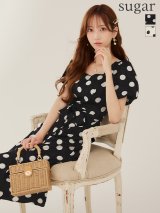 XS-Lサイズあり 【GINZA COUTURE/銀座クチュール】ドットプリント/ 水玉/ 半袖/ 袖あり/ パフスリーブ/ リボンベルト/ Aライン/ ミディアム丈/ ワンピース/ ミディアムドレス/ キャバドレス[OF2]