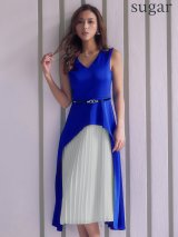 XS-Lサイズあり 【GINZA COUTURE/銀座クチュール】バイカラー/ ノースリーブ/ Vネック/ レイヤード/ プリーツ/ ベルト付き/ Aライン/ 膝丈/ ワンピース/ ミディアムドレス/ キャバドレス[OF2]