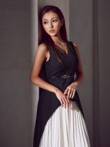 XS-Lサイズあり 【GINZA COUTURE/銀座クチュール】バイカラー/ ノースリーブ/ Vネック/ レイヤード/ プリーツ/ ベルト付き/ Aライン/ 膝丈/ ワンピース/ ミディアムドレス/ キャバドレス[OF2]