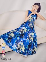 XS-Lサイズあり 【GINZA COUTURE/銀座クチュール】フラワー柄/ プリント/ シワ加工サテン/ ウエストリブ/ ノースリーブ/ ハイウエスト/ Aライン/ フレア/ ワンピース/ ロングドレス/ キャバドレスlong[OF2]
