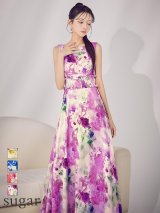 XS-Lサイズあり 【GINZA COUTURE/銀座クチュール】フラワー柄/ プリント/ シワ加工サテン/ ウエストリブ/ ノースリーブ/ ハイウエスト/ Aライン/ フレア/ ワンピース/ ロングドレス/ キャバドレスlong[OF2]