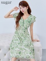 XS-Lサイズあり 【GINZA COUTURE/銀座クチュール】フリルカラー/ フリルスリーブ/ リボン/ プリント/ シフォン/ 切替/ Aライン/ フレア/ 膝丈/ ミディアムドレス/ キャバドレス[OF2]