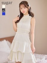 XS-Lサイズあり【GINZA COUTURE/銀座クチュール】フラワープリント/ シャーリング/ フリル/ ノースリーブ/ ハイネック/ Aライン/ フレア/ ワンピース/ ミニドレス/ キャバドレス[OF2]