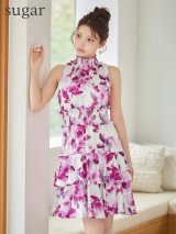 XS-Lサイズあり【GINZA COUTURE/銀座クチュール】フラワープリント/ シャーリング/ フリル/ ノースリーブ/ ハイネック/ Aライン/ フレア/ ワンピース/ ミニドレス/ キャバドレス[OF2]