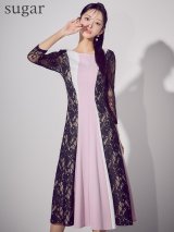 XS-Lサイズあり 【GINZA COUTURE/銀座クチュール】トリコロール/ レース/ 七分袖/ ベルト付き/ プリーツ/ ベルト付き/ アシンメトリー/ Aライン/ 膝丈/ ワンピース/ ミディアムドレス/ キャバドレス[OF2]