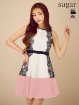 XS-Lサイズあり 【GINZA COUTURE/銀座クチュール】バイカラー/ ノースリーブ/ スカラップレース/ Aライン/ フレア/ ワンピース/ ミニドレス/ キャバドレス[OF2]