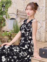 XS-Lサイズあり 【GINZA COUTURE/銀座クチュール】花柄/ フラワープリント/ サテン/ Vネック/ ノースリーブ/ウエストマーク/ Aライン/ フレア/ ロングドレス/ キャバドレスlong[OF2]