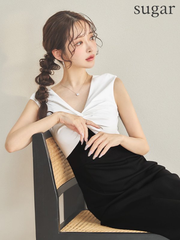 画像1: XS-Lサイズあり 【GINZA COUTURE/銀座クチュール】バイカラー/ バストギャザー/ Vネック/ バックスリット/ ストレッチ/ シンプル/ ノースリーブ/ タイト/ 膝丈/ ミディアムドレス/ キャバドレス[OF2]