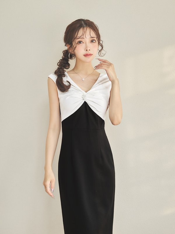 画像6: XS-Lサイズあり 【GINZA COUTURE/銀座クチュール】バイカラー/ バストギャザー/ Vネック/ バックスリット/ ストレッチ/ シンプル/ ノースリーブ/ タイト/ 膝丈/ ミディアムドレス/ キャバドレス[OF2]