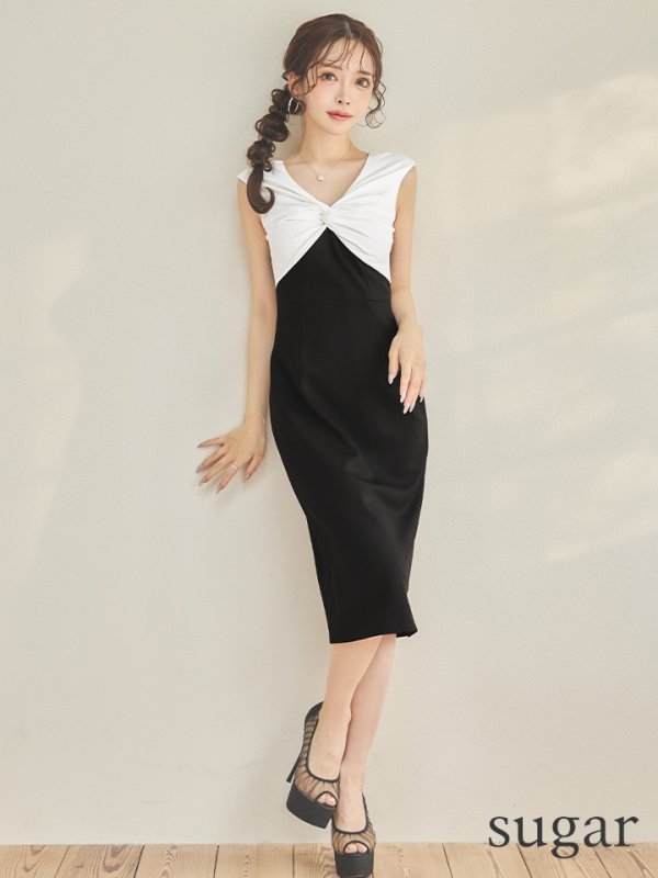 画像7: XS-Lサイズあり 【GINZA COUTURE/銀座クチュール】バイカラー/ バストギャザー/ Vネック/ バックスリット/ ストレッチ/ シンプル/ ノースリーブ/ タイト/ 膝丈/ ミディアムドレス/ キャバドレス[OF2]