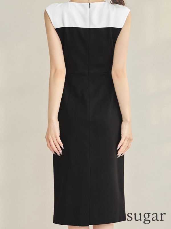 画像9: XS-Lサイズあり 【GINZA COUTURE/銀座クチュール】バイカラー/ バストギャザー/ Vネック/ バックスリット/ ストレッチ/ シンプル/ ノースリーブ/ タイト/ 膝丈/ ミディアムドレス/ キャバドレス[OF2]