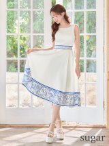 XS-Lサイズあり 【GINZA COUTURE/銀座クチュール】プリント/ ウエスト切り替え/ ノースリーブ/ フレア/ Aライン/ ワンピース/ ミディアムドレス/ キャバドレス[OF2]