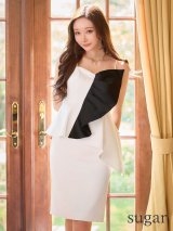 即日発送 【GINZA COUTURE/銀座クチュール】バイカラー/ アシンメトリー/ 変形/ キャミソール/ フリル/ ペプラム/ スリット/ タイト/ ミディアムドレス/ キャバドレス[OF2]