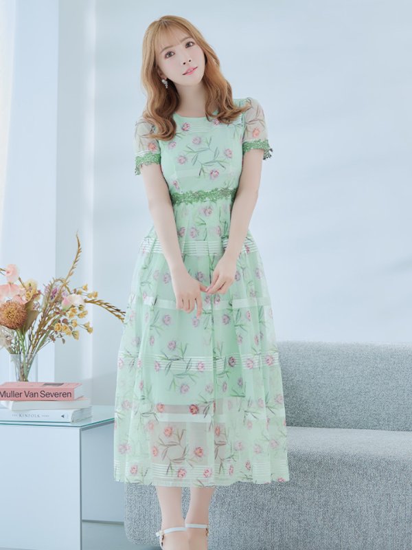 画像3: 【GINZA COUTURE/銀座クチュール】フラワープリント/ 半袖/ 袖あり/ Aライン/ フレア/ ミモレ丈/ ワンピース/ ミディアムドレス/ キャバドレス[OF2]