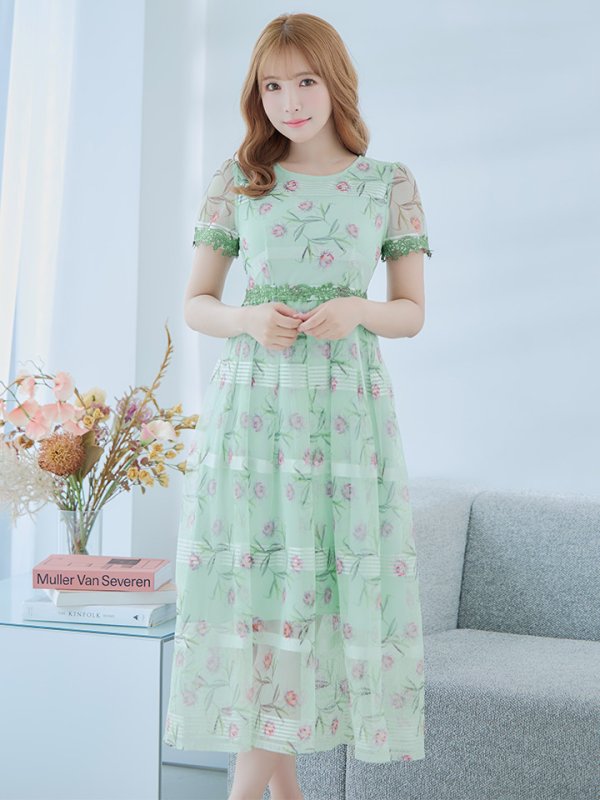 画像4: 【GINZA COUTURE/銀座クチュール】フラワープリント/ 半袖/ 袖あり/ Aライン/ フレア/ ミモレ丈/ ワンピース/ ミディアムドレス/ キャバドレス[OF2]