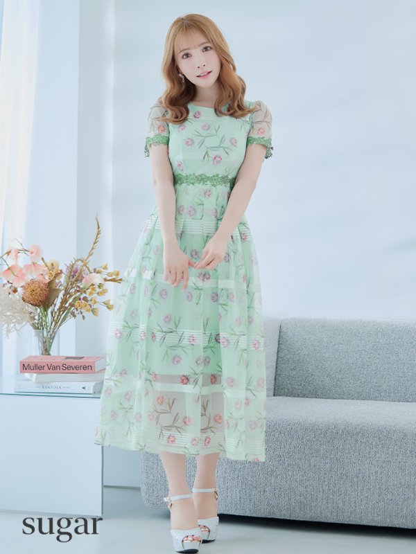 画像7: 【GINZA COUTURE/銀座クチュール】フラワープリント/ 半袖/ 袖あり/ Aライン/ フレア/ ミモレ丈/ ワンピース/ ミディアムドレス/ キャバドレス[OF2]