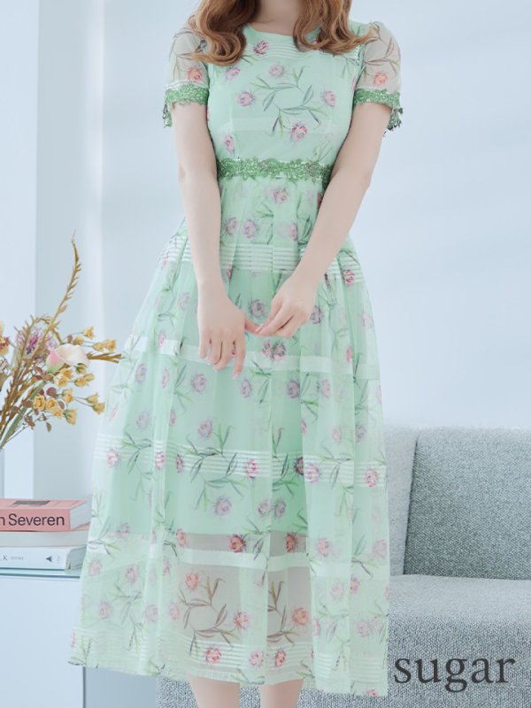 画像8: 【GINZA COUTURE/銀座クチュール】フラワープリント/ 半袖/ 袖あり/ Aライン/ フレア/ ミモレ丈/ ワンピース/ ミディアムドレス/ キャバドレス[OF2]