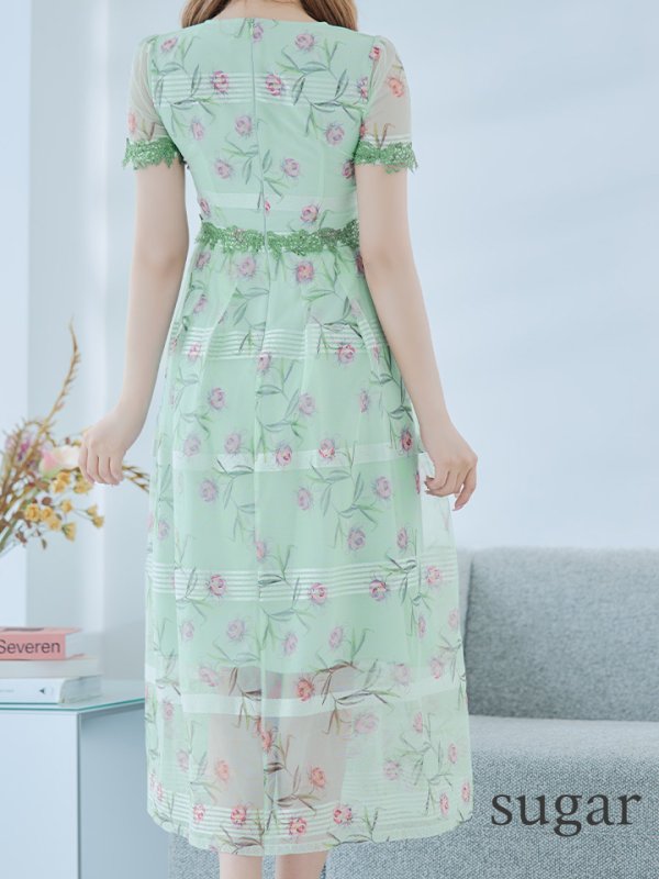 画像9: 【GINZA COUTURE/銀座クチュール】フラワープリント/ 半袖/ 袖あり/ Aライン/ フレア/ ミモレ丈/ ワンピース/ ミディアムドレス/ キャバドレス[OF2]