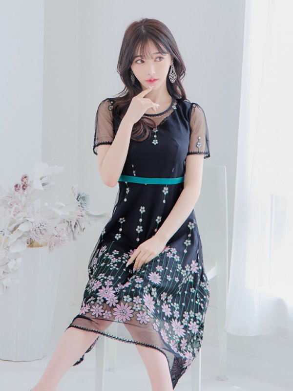 画像3: Lサイズあり 【GINZA COUTURE/銀座クチュール】 デザイン刺繍/ ドットレース/ 半袖/ 袖あり/ Aライン/ ミディアム丈/ 膝丈/ フレア/ワンピース / キャバドレス[OF2]