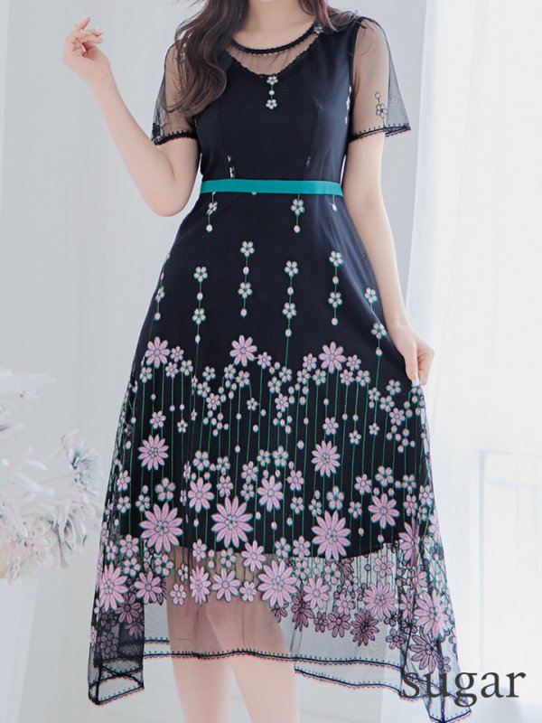 画像8: Lサイズあり 【GINZA COUTURE/銀座クチュール】 デザイン刺繍/ ドットレース/ 半袖/ 袖あり/ Aライン/ ミディアム丈/ 膝丈/ フレア/ワンピース / キャバドレス[OF2]