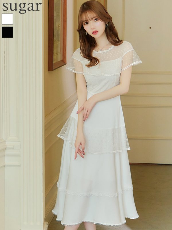 【GINZA COUTURE/銀座クチュール】ドットレース/ 刺繍レース/ シアー/ ケープ/ ボレロ/ ドッキング/ フレア/ ミモレ丈/ ワンピース/ ミディアムドレス/ キャバドレス　ホワイト