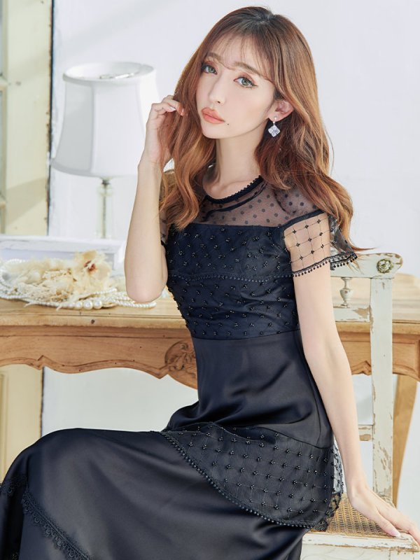 画像12: 【GINZA COUTURE/銀座クチュール】ドットレース/ 刺繍レース/ シアー/ ケープ/ ボレロ/ ドッキング/ フレア/ ミモレ丈/ ワンピース/ ミディアムドレス/ キャバドレス[OF2]