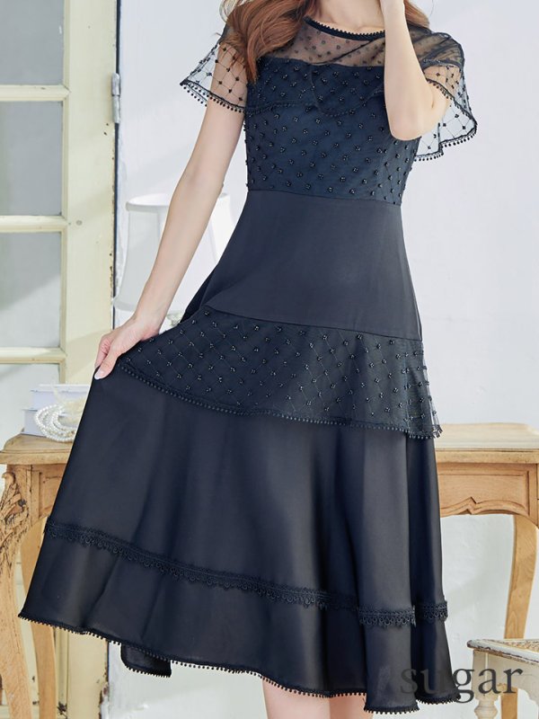 画像17: 【GINZA COUTURE/銀座クチュール】ドットレース/ 刺繍レース/ シアー/ ケープ/ ボレロ/ ドッキング/ フレア/ ミモレ丈/ ワンピース/ ミディアムドレス/ キャバドレス[OF2]