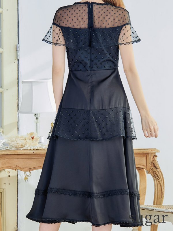 画像18: 【GINZA COUTURE/銀座クチュール】ドットレース/ 刺繍レース/ シアー/ ケープ/ ボレロ/ ドッキング/ フレア/ ミモレ丈/ ワンピース/ ミディアムドレス/ キャバドレス[OF2]