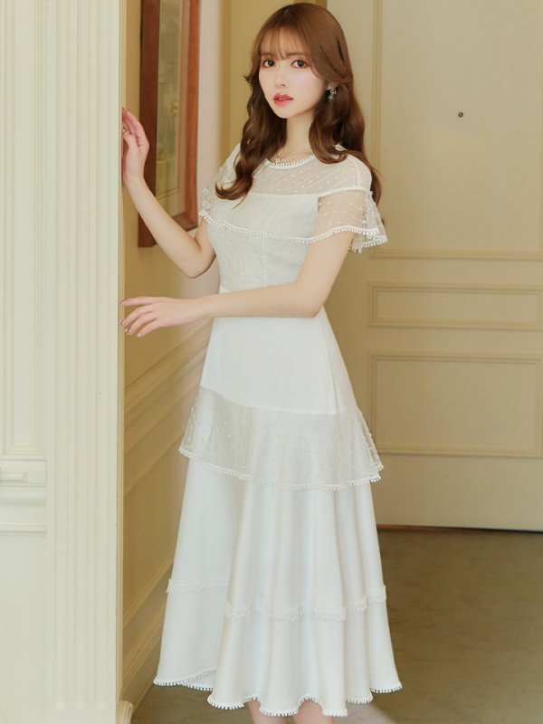 画像3: 【GINZA COUTURE/銀座クチュール】ドットレース/ 刺繍レース/ シアー/ ケープ/ ボレロ/ ドッキング/ フレア/ ミモレ丈/ ワンピース/ ミディアムドレス/ キャバドレス[OF2]