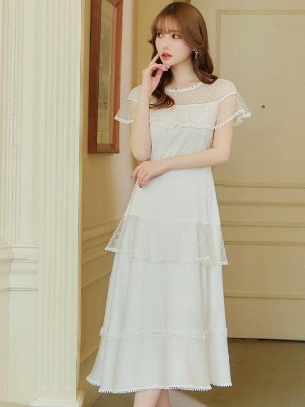 画像5: 【GINZA COUTURE/銀座クチュール】ドットレース/ 刺繍レース/ シアー/ ケープ/ ボレロ/ ドッキング/ フレア/ ミモレ丈/ ワンピース/ ミディアムドレス/ キャバドレス[OF2]