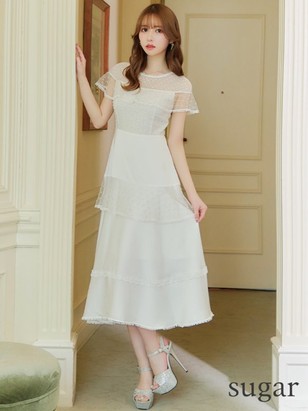 画像7: 【GINZA COUTURE/銀座クチュール】ドットレース/ 刺繍レース/ シアー/ ケープ/ ボレロ/ ドッキング/ フレア/ ミモレ丈/ ワンピース/ ミディアムドレス/ キャバドレス[OF2]