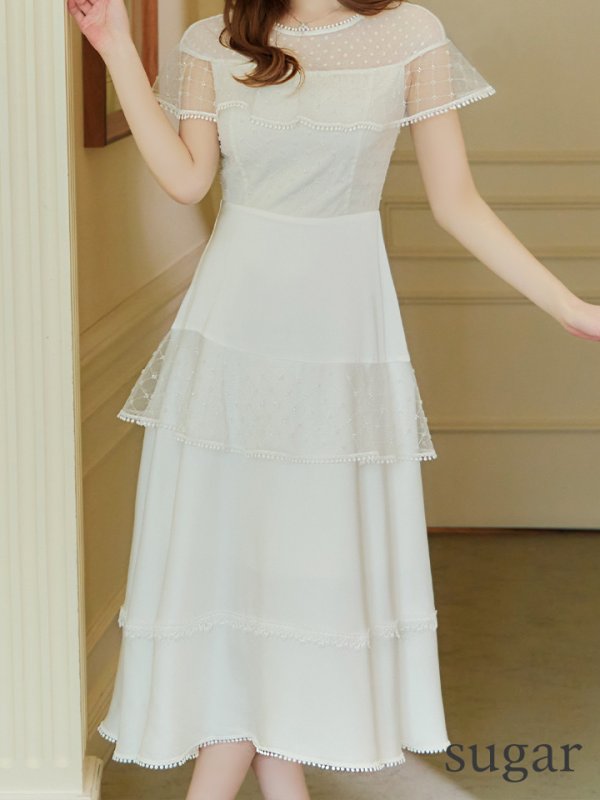 画像8: 【GINZA COUTURE/銀座クチュール】ドットレース/ 刺繍レース/ シアー/ ケープ/ ボレロ/ ドッキング/ フレア/ ミモレ丈/ ワンピース/ ミディアムドレス/ キャバドレス[OF2]