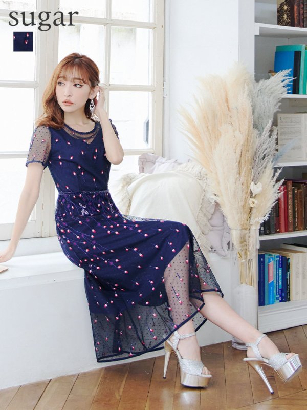 Lサイズあり【GINZA COUTURE/銀座クチュール】 デザイン刺繍/ ドットレース/ 半袖/ 袖あり/ Aライン/ ミディアム丈/ 膝丈/ フレア/ワンピース / キャバドレス　ネイビー