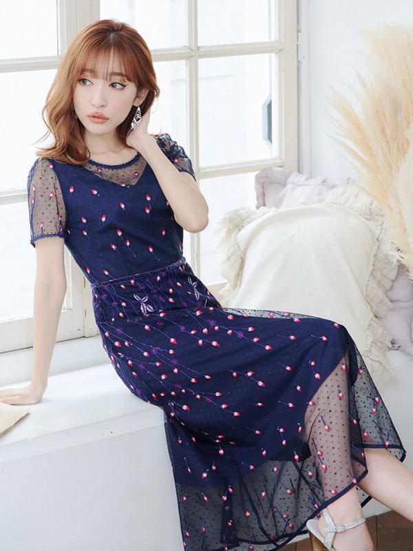 画像5: Lサイズあり 【GINZA COUTURE/銀座クチュール】 デザイン刺繍/ ドットレース/ 半袖/ 袖あり/ Aライン/ ミディアム丈/ 膝丈/ フレア/ワンピース / キャバドレス[OF2]