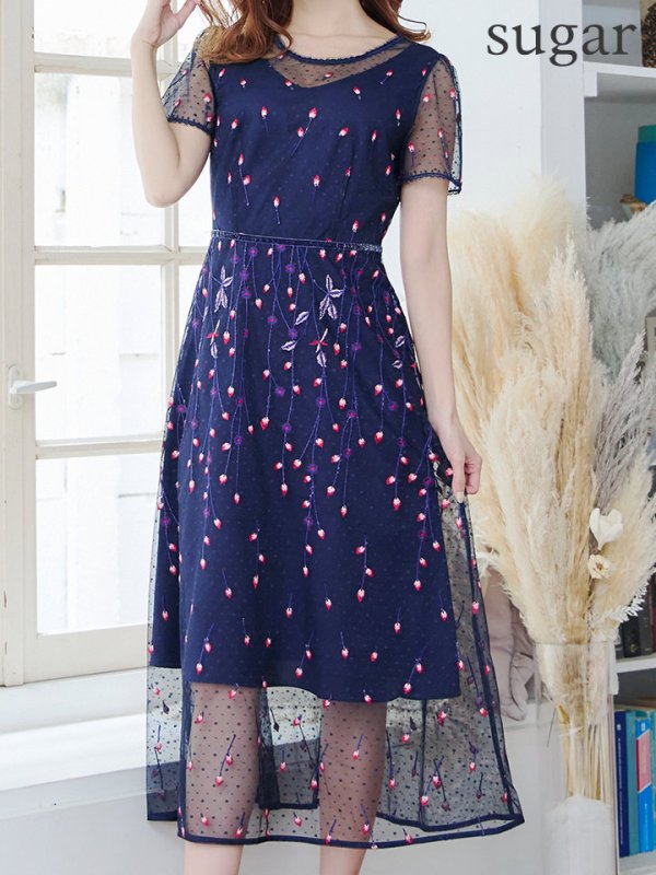 画像8: Lサイズあり 【GINZA COUTURE/銀座クチュール】 デザイン刺繍/ ドットレース/ 半袖/ 袖あり/ Aライン/ ミディアム丈/ 膝丈/ フレア/ワンピース / キャバドレス[OF2]