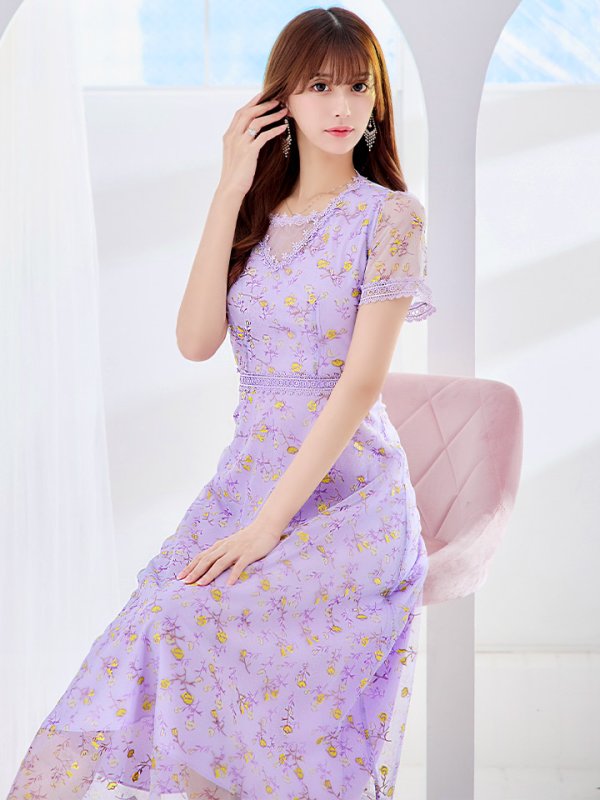 画像4: XS-Lサイズあり 【GINZA COUTURE/銀座クチュール】フラワー刺繍/ レース/ 半袖 / 袖あり/ Aライン/ ミモレ丈/ ワンピース/ ミディアムドレス/ キャバドレス[OF2]