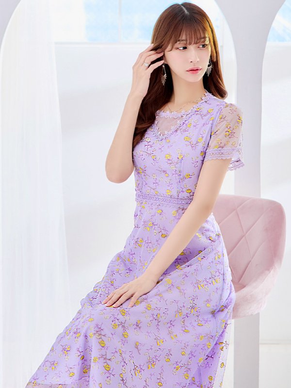 画像6: XS-Lサイズあり 【GINZA COUTURE/銀座クチュール】フラワー刺繍/ レース/ 半袖 / 袖あり/ Aライン/ ミモレ丈/ ワンピース/ ミディアムドレス/ キャバドレス[OF2]