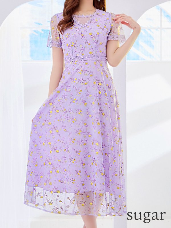 画像9: XS-Lサイズあり 【GINZA COUTURE/銀座クチュール】フラワー刺繍/ レース/ 半袖 / 袖あり/ Aライン/ ミモレ丈/ ワンピース/ ミディアムドレス/ キャバドレス[OF2]