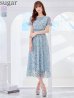 XS-Lサイズあり【GINZA COUTURE/銀座クチュール】フラワー刺繍/ レース/ 半袖 / 袖あり/ Aライン/ ミモレ丈/ ワンピース/ ミディアムドレス/ キャバドレス　ブルー