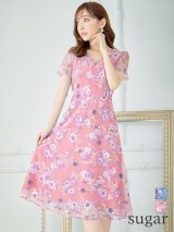 XS-Lサイズあり 【GINZA COUTURE/銀座クチュール】フラワープリント/ 刺繍/ 袖あり/ 半袖/ チュール/ Aライン/ フレア/ ミモレ丈/ ワンピース/ ミディアムドレス/ キャバドレス[OF2]