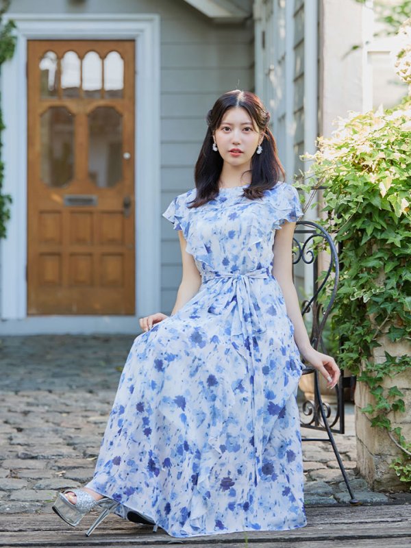 画像2: XS-Lサイズあり 【GINZA COUTURE/銀座クチュール】フラワープリント/ フリルデザイン/ ミモレ丈/ フレア/ Aライン/ ワンピース/ ミディアムドレス/ キャバドレス[OF2]